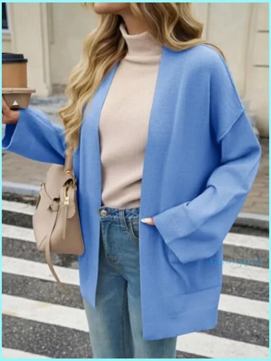 Oversized Cardigan with Pockets, Long Sleeve Open Front Shawl Sweater - Picture 5 of 7